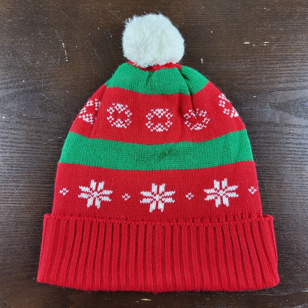 Holiday Beanie Red Green Knit Ribbed Cuff Snowflake Pattern Pom-Pom One Size